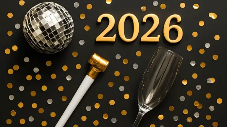 A festive New Year's aesthetic flat lay showing a disco ball, champagne flute, 2026 party horn, and gold confetti on a dark background - New Year's Aesthetic