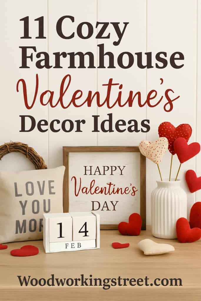 Pin image with overlay "11 Cozy Farmhouse Valentine's Decor Ideas".