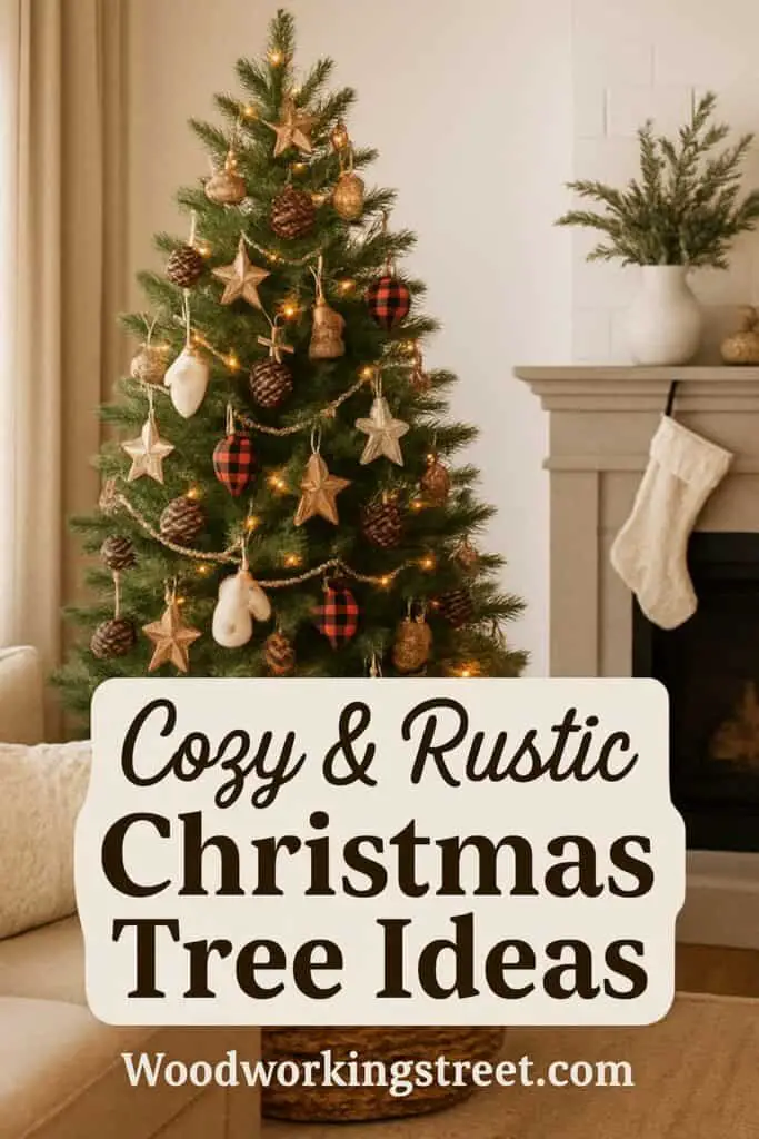 Pin image with overlay "Cozy & Rustic Christmas Tree Ideas".