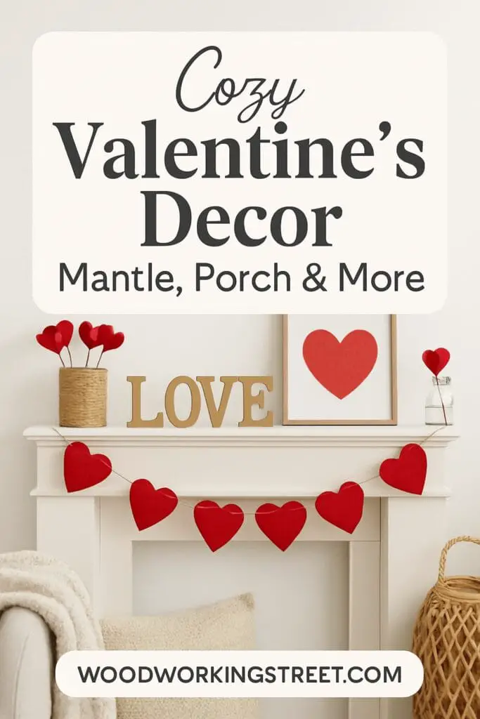 Pin image with overlay "Cozy Valentine's Decor: Mantle, Porch & More".