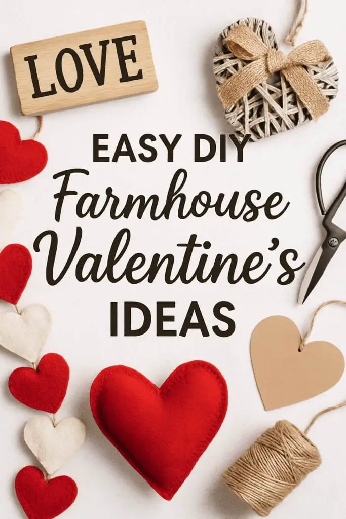 Pin image with overlay "Easy DIY Farmhouse Valentine's Ideas".