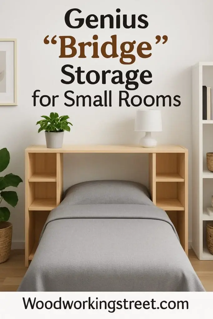 Pin image with overlay "Genius Bridge Storage for Small Rooms".