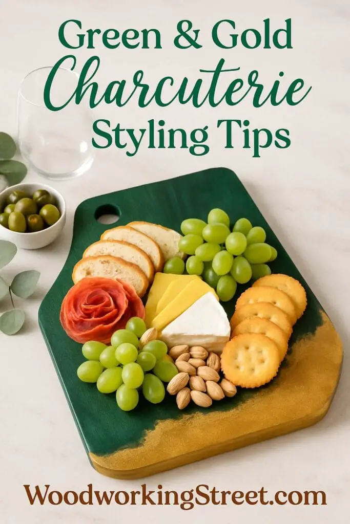 Pin image with overlay "Green & Gold Charcuterie Styling Tips".