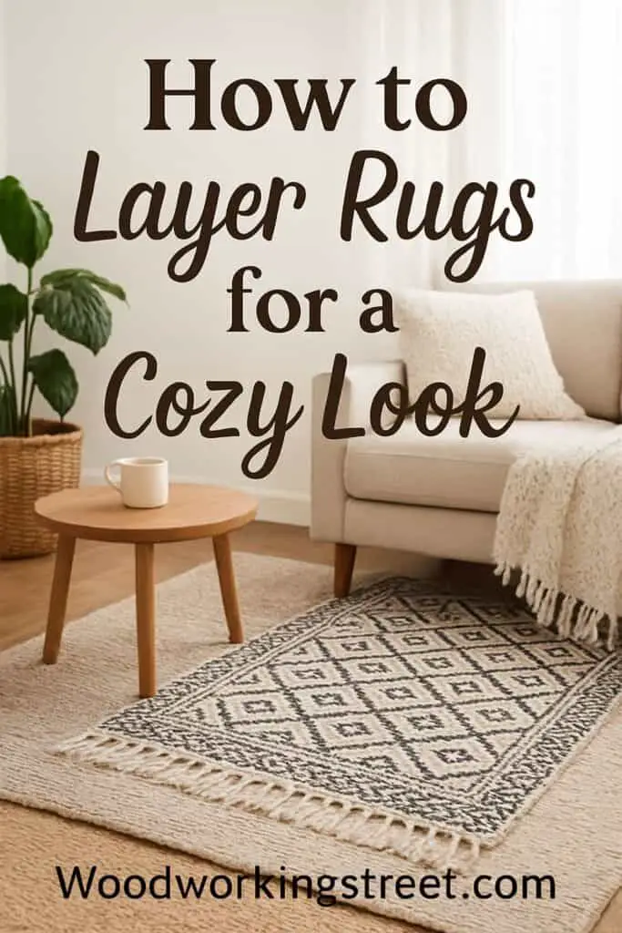 Pin image with overlay "How to Layer Rugs for a Cozy Look".