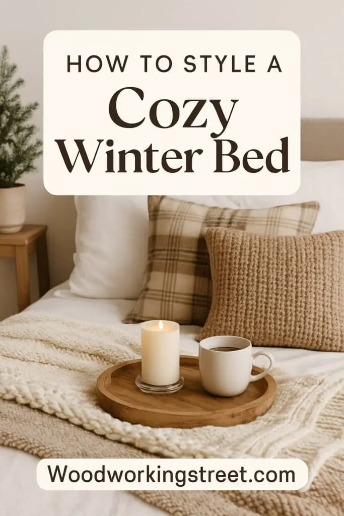Pin image with overlay "How to Style a Cozy Winter Bed".