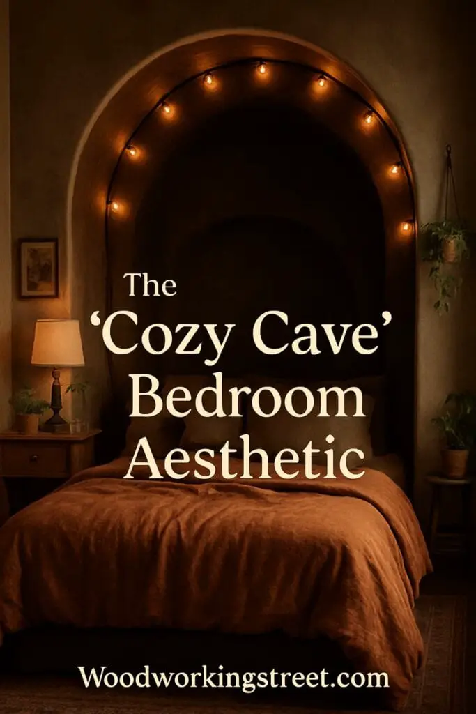 Pin image with overlay "The Cozy Cave Bedroom Aesthetic".