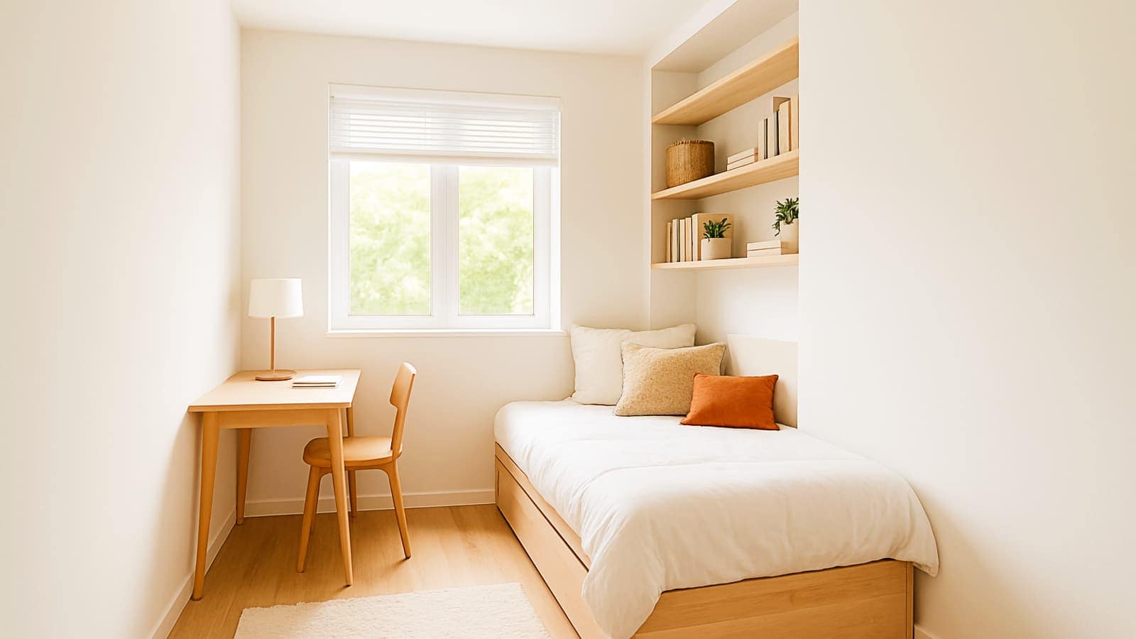 Wide shot illustrating smart small bedroom layout ideas featuring a corner bed and maximizing floor space.