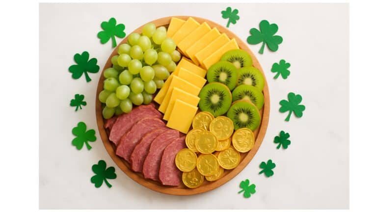 St Patricks Day Charcuterie Board styled on a marble table featuring green grapes, Irish cheddar cheese, kiwi slices, and gold chocolate coins.