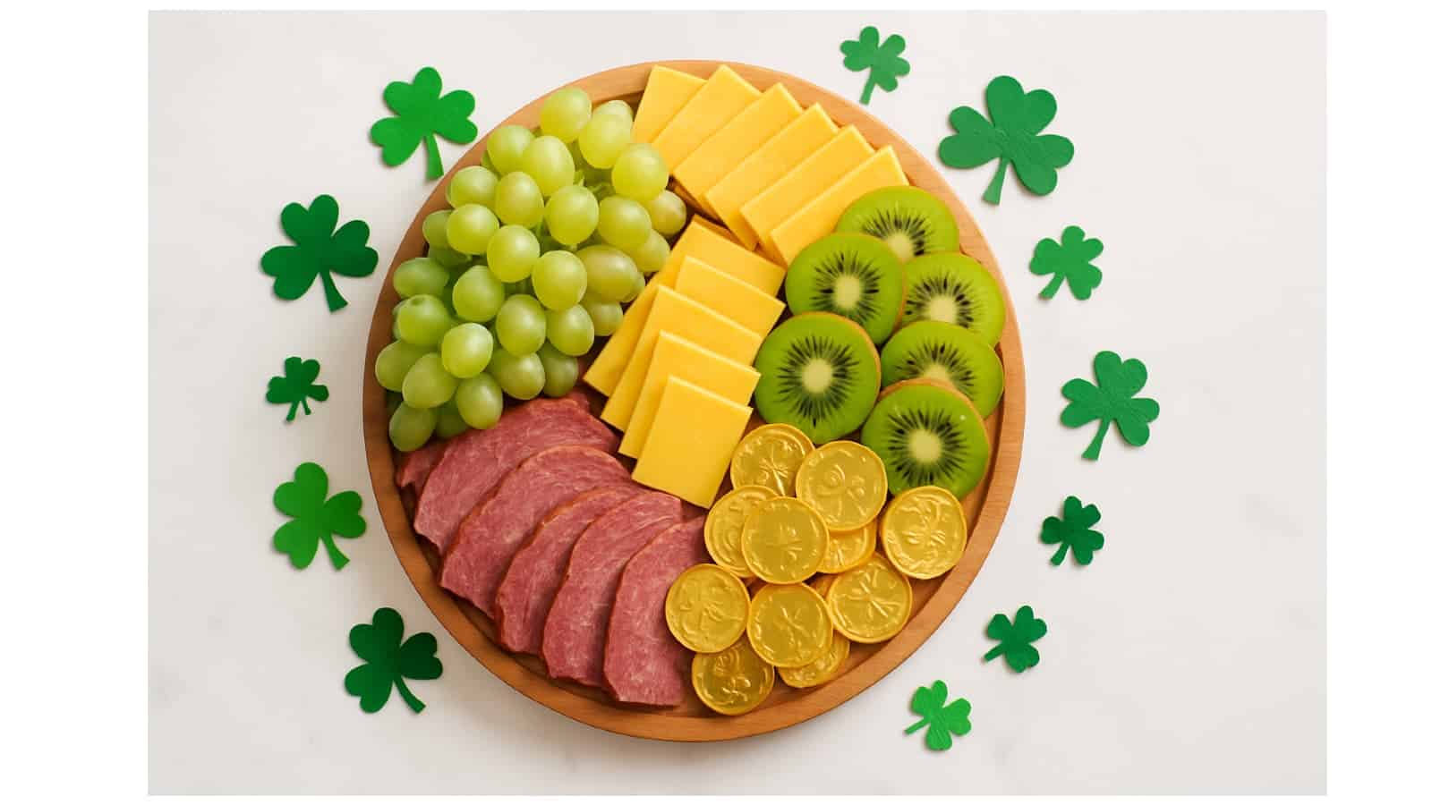St Patricks Day Charcuterie Board styled on a marble table featuring green grapes, Irish cheddar cheese, kiwi slices, and gold chocolate coins.