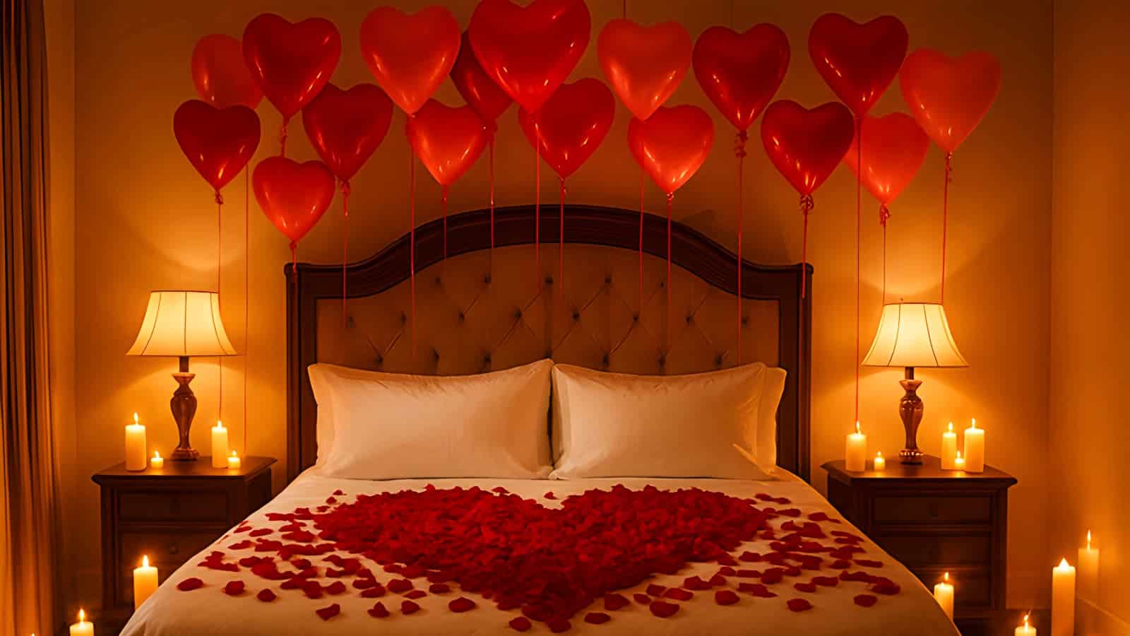 A romantic bedroom setup with Valentine's Day bedroom decor, including rose petals, heart balloons, and warm candles - Valentines Day Bedroom Decor